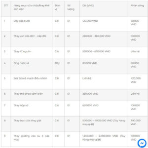 Bảng giá sửa máy giặt tại nhà