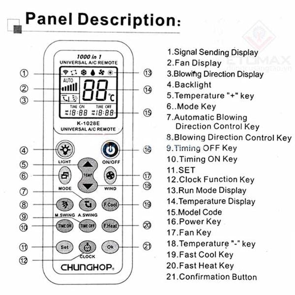 Cách sử dụng điều khiển điều hòa đa năng CHUNGHOP